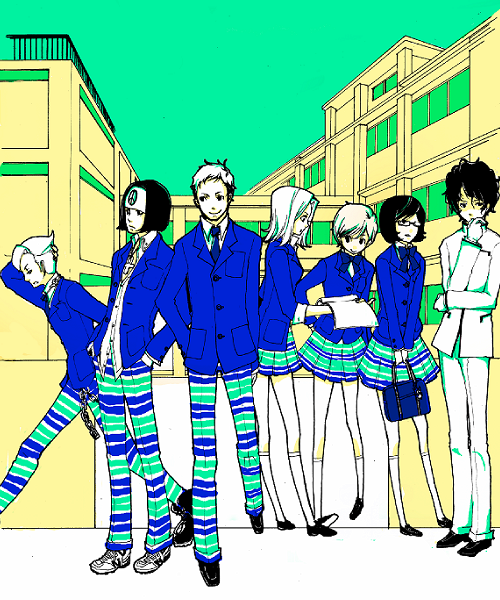 akanezawa_reiko, aqua_pants, aqua_skirt, arm_behind_head, atlus, bag, belt_chain, black_footwear