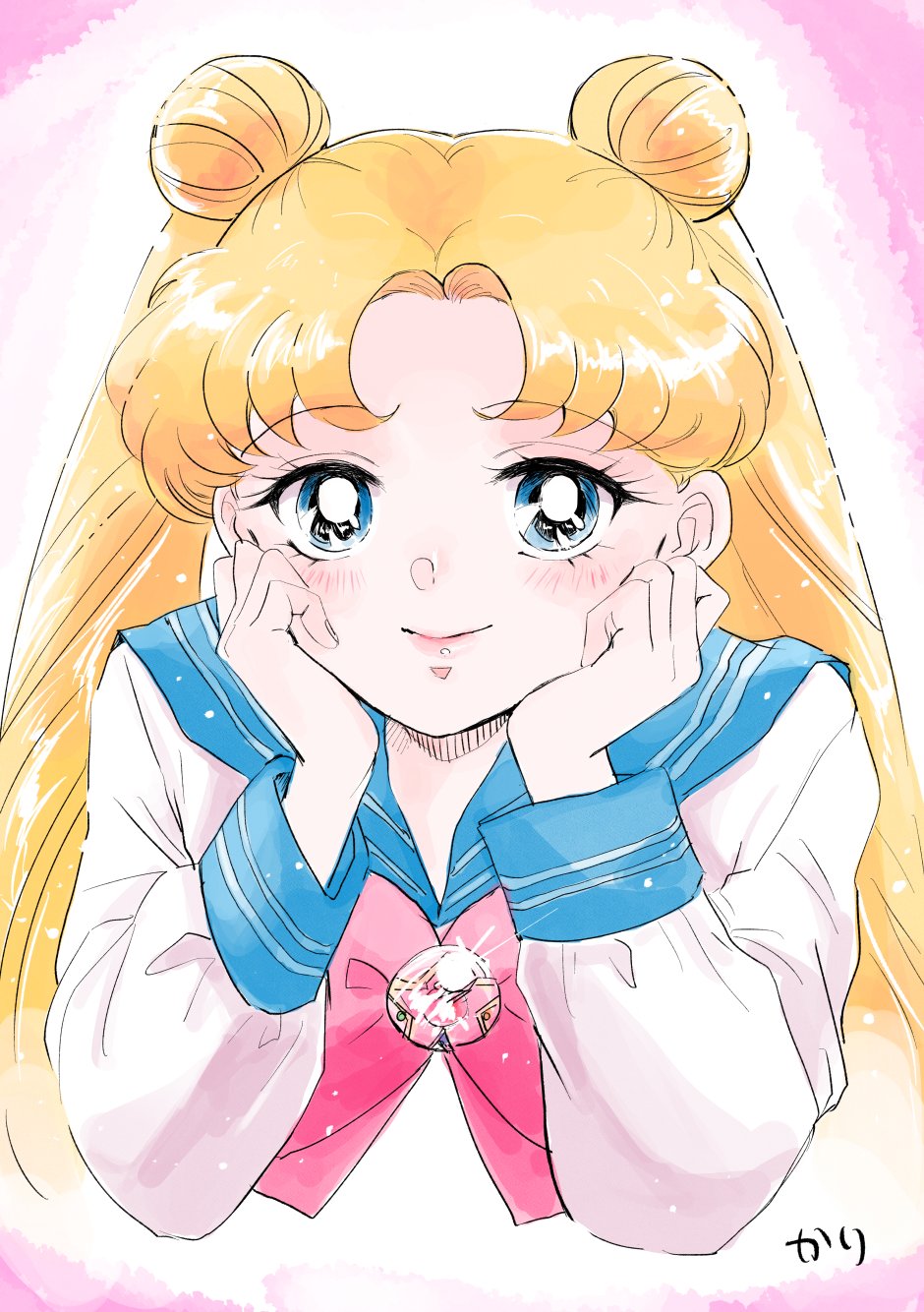 1girl, bishoujo_senshi_sailor_moon, blonde_hair, blue_eyes, blue_sailor_collar, bow, bowtie, commentary, double_bun, gradient_background, hair_bun, highres, juuban_middle_school_uniform, karikaridaka, light_smile, long_hair, looking_at_viewer, pink_bow, pink_bowtie, sailor_collar, school_uniform, serafuku, shirt, signature, solo, tsukino_usagi, twintails, white_shirt