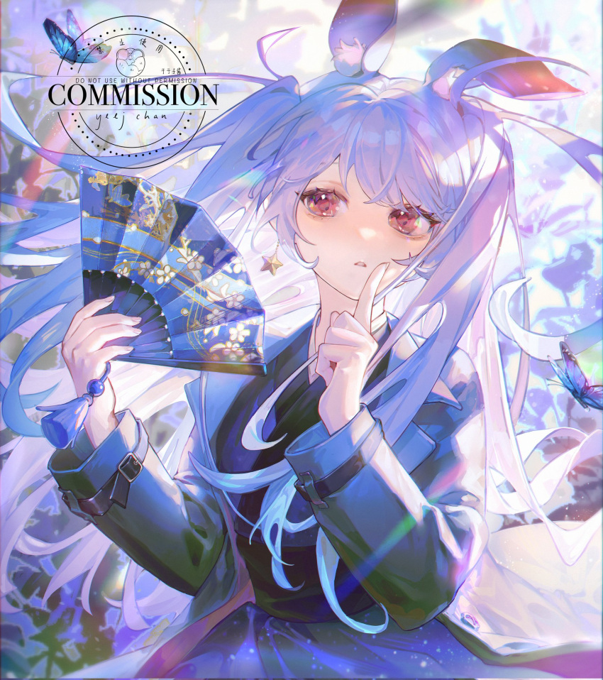 1girl, animal_ear_fluff, animal_ears, black_jacket, blue_hair, bug, butterfly, commentary