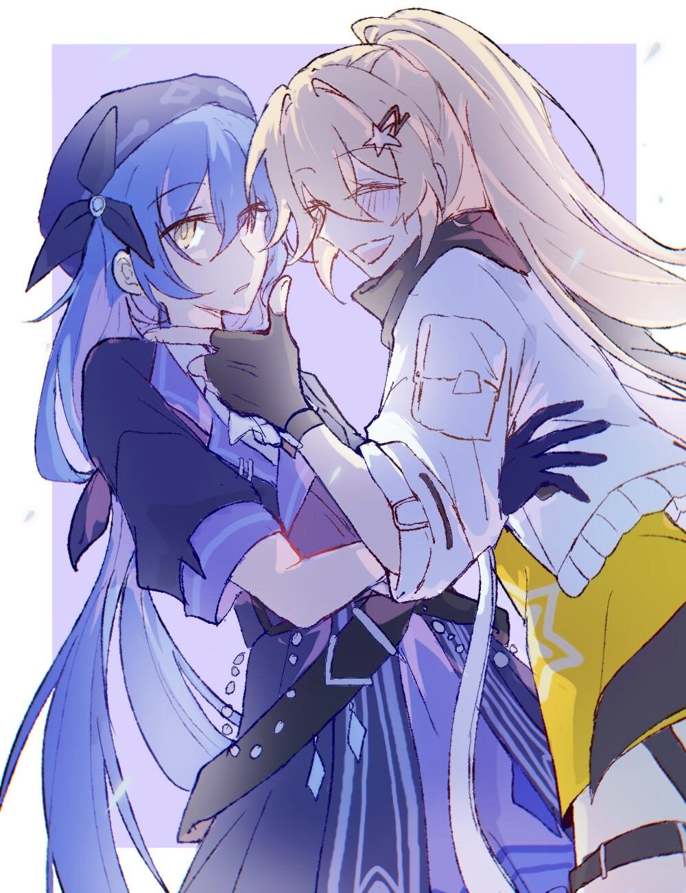 2girls, arkria_hroptr_(benghuai_xueyuan), ascot, benghuai_xueyuan, blonde_hair, blue_hair, blue_hat, blue_jacket, blue_skirt, blush, chinese_commentary, commentary, eyes_visible_through_hair, fingerless_gloves, gloves, hair_between_eyes, hair_ornament, hairclip, hat, heterochromia, highleg, highres, honkai_(series), jacket, karin_mered_(benghuai_xueyuan), multiple_girls, purple_background, shirt, skirt, ssh132347, two-tone_background, violet_eyes, white_ascot, white_background, white_jacket, yellow_eyes, yellow_shirt, yuri