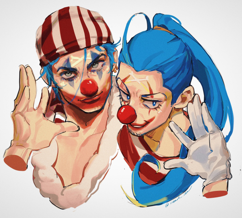 1boy, aqua_eyes, bandana, blue_eyes, blue_hair, buggy_the_clown, clown_nose, disembodied_hand