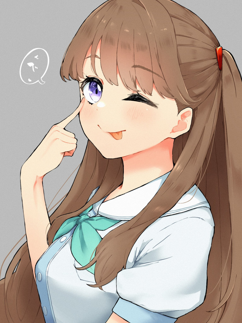 1girl, ;p, akanbe, aqua_neckerchief, blue_dress, brown_hair, commentary, dress