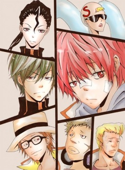 aoba_koyo, bald, bangs, black_hair, blonde_hair, glasses, green_hair, hat, katekyo_hitman_reborn, katou_julie, kozato_enma, mafia, mizuno_kaoru, ooyama_rauji, ponytail, red_eyes, redhead, shimon_family, shitt_p, suzuki_adelheid