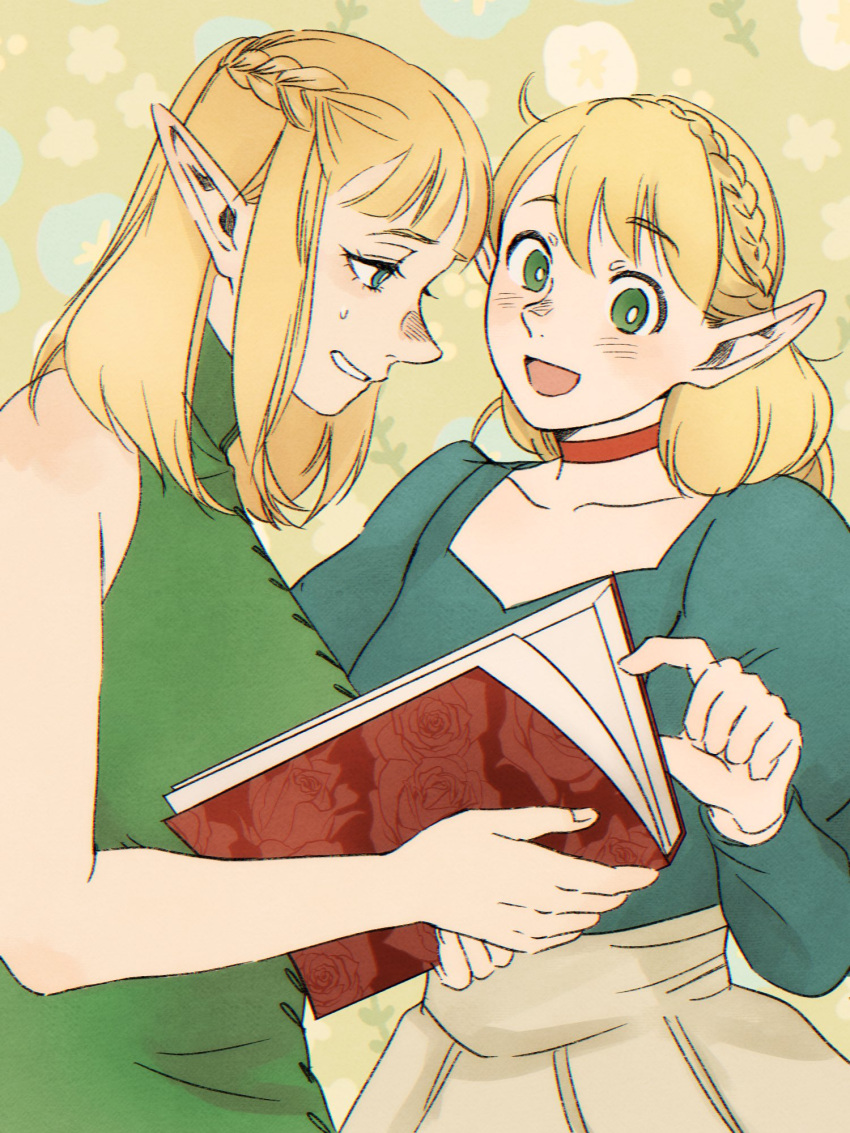 2girls, blonde_hair, blue_eyes, blush, book, braid, breasts, choker