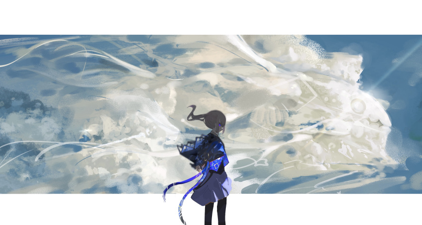 1girl, asamineru, black_pantyhose, blue_eyes, blue_jacket, blue_skirt, border, cloud_background