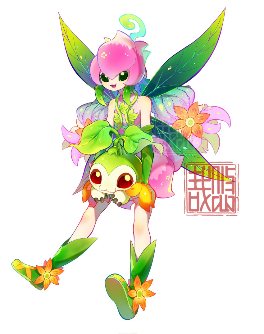 1girl, artist_logo, boots, digimon, digimon_(creature), dress, fairy, fairy_wings