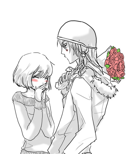 aoki_kou, bakuman, blush, couple, fukuda_shinta, hat, pink, roses
