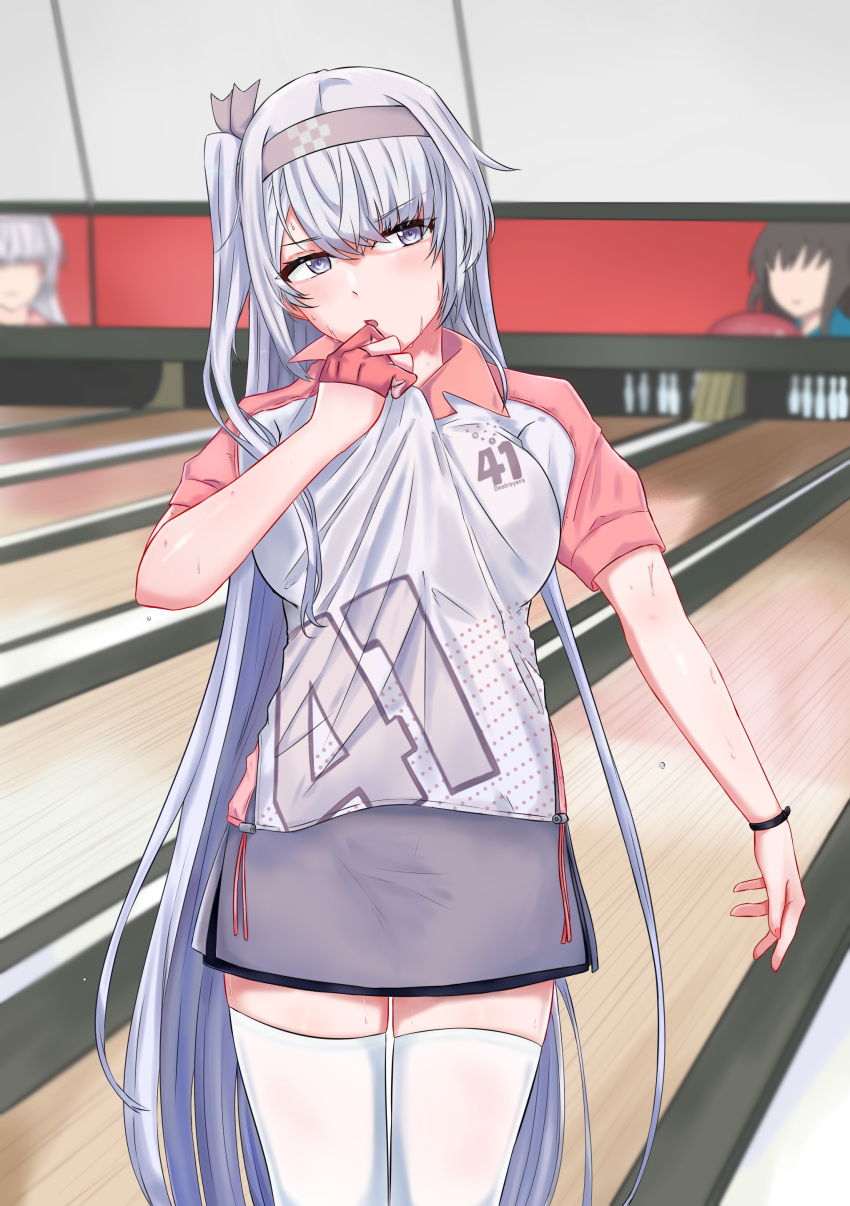 1girl, absurdres, bowling, bowling_alley, bowling_glove, bowling_pin, breasts, fuyutsuki_(kancolle)
