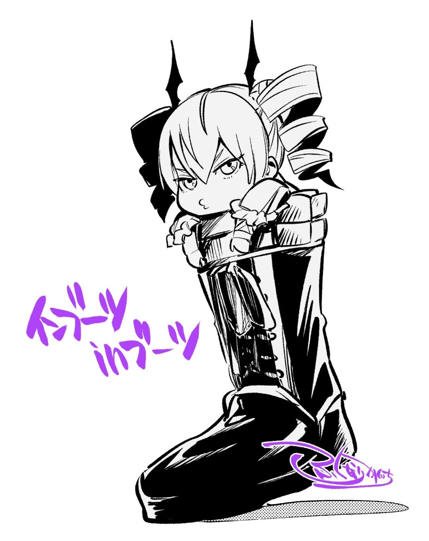 boots, chibi, commentary_request, digimon, digimon_card_game, digimon_liberator, drill_hair, fukunari_kanchi