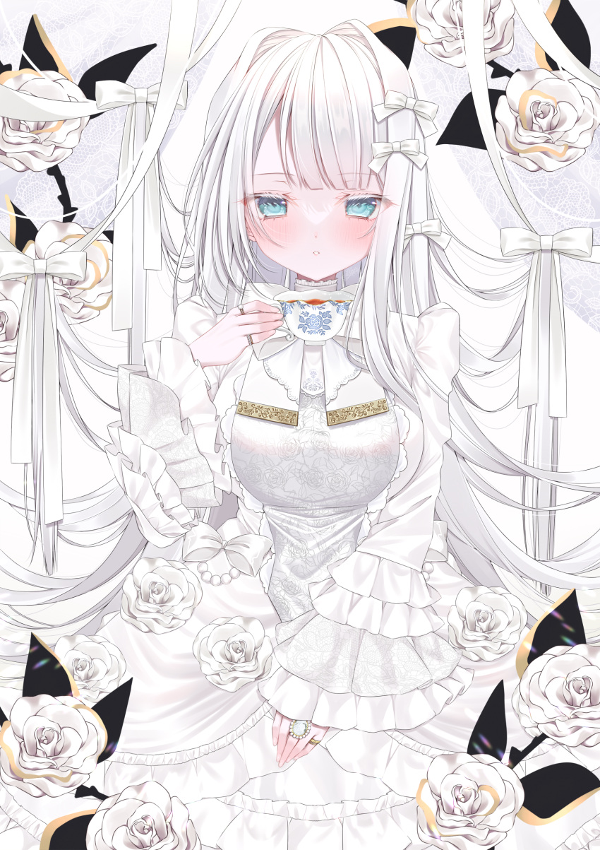 1girl, absurdres, aqua_eyes, bow, breasts, cup, dress, floral_print