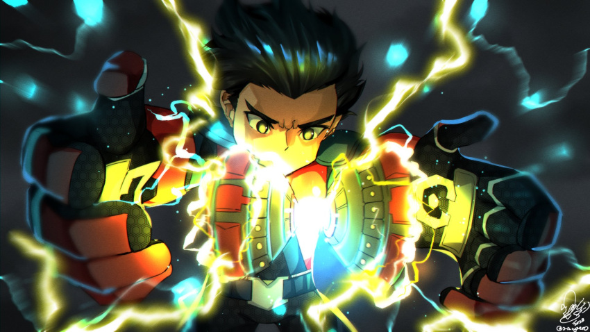 1boy, black_hair, character_request, check_character, ejen_ali, ejen_ali_(character), electricity, energy, gloves, glowing, glowing_eyes, highres, holding, lightning, male_focus, no_mouth, red_gloves, serious, short_hair, solo, spiky_hair, upper_body, v-shaped_eyebrows, zikryzero