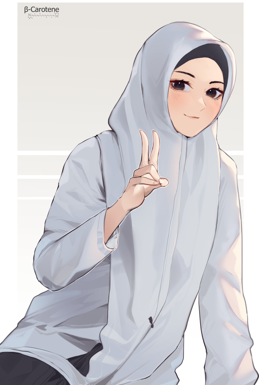 1girl, absurdres, blush, brown_eyes, closed_mouth, grey_background, hand_up, highres