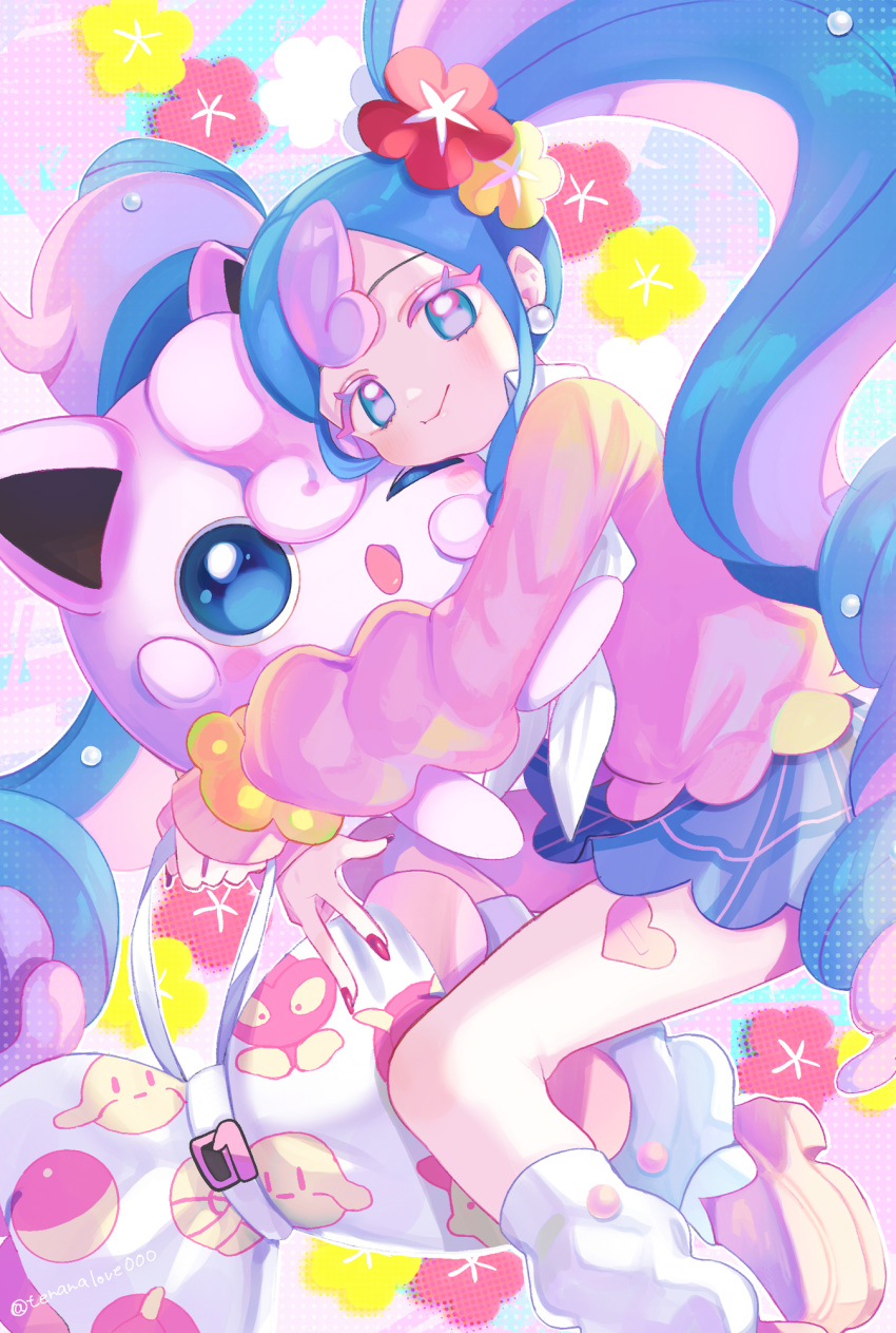 1girl, amezawa_koma, artist_name, bag_charm, blue_eyes, blue_hair, blue_skirt, charm_(object), colored_eyelashes, curly_hair, earrings, fairy_miku_(project_voltage), flower, hair_flower, hair_ornament, hatsune_miku, heart, highres, jewelry, jigglypuff, long_hair, looking_at_viewer, loose_socks, miniskirt, multicolored_hair, official_alternate_costume, pillow, pink_flower, pink_hair, pink_nails, pink_sweater, plaid_clothes, plaid_skirt, pokemon, pokemon_(creature), project_voltage, scrunchie, sidelocks, skirt, smile, socks, sphere_earrings, sweater, two-tone_hair, very_long_hair, vocaloid, white_bag, white_socks, wrist_scrunchie, yellow_flower, yellow_scrunchie