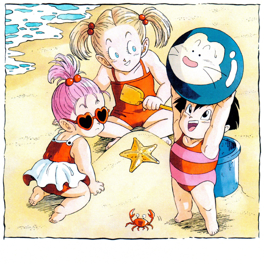 3girls, arm_support, armpits, arms_up, ball, bare_arms, bare_legs, barefoot