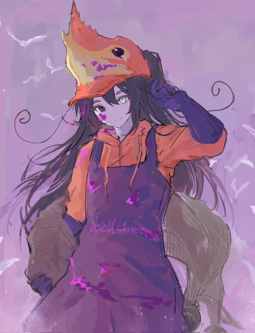 1boy, aqua_eyes, black_eyes, black_hair, closed_mouth, cowboy_shot, e.g.o_(project_moon), erzheawa, fishing_net, gloves, half_updo, heterochromia, highres, holding_net, hong_lu_(project_moon), limbus_company, long_hair, overalls, project_moon, purple_background, purple_gloves, purple_overalls, simple_background, smile, soda_(e.g.o), solo, very_long_hair