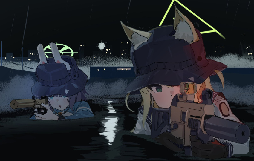 2girls, animal_ears, blonde_hair, blue_archive, blue_eyes, bodysuit, bucket_hat, clich51368861, diving_suit, gun, halo, handgun, hat, highres, holding, holding_weapon, kurumi_(blue_archive), medal_of_honor, multiple_girls, night, parody, purple_hair, rain, saki_(blue_archive), school_uniform, submachine_gun, swimsuit, water, weapon, wetsuit, yellow_halo