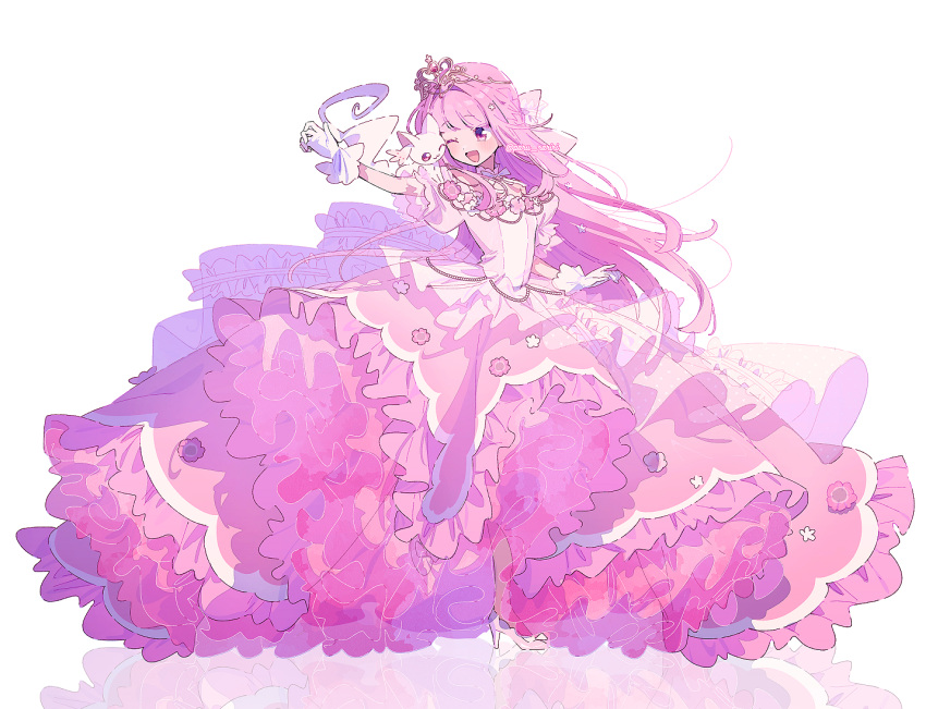 1girl, alternate_costume, alternate_hairstyle, anemone_(flower), arm_at_side, arm_up, back_bow, bare_shoulders, blunt_bangs, blush, bow, braid, breasts, cape, cheek-to-cheek, choker, commentary, creature, creature_on_shoulder, detached_collar, dot_nose, dress, dress_flower, face-to-face, floating_hair, flower, footwear_bow, frilled_bow, frilled_dress, frills, full_body, gem, gloves, hair_down, hair_over_shoulder, hair_ribbon, half_up_braid, happy, heads_together, high_heels, layered_dress, long_dress, long_hair, magia_record:_mahou_shoujo_madoka_magica_gaiden, mahou_shoujo_madoka_magica, nape_braid, nuzzle, off-shoulder_dress, off_shoulder, on_shoulder, one_eye_closed, open_mouth, paru_rari, pink_cape, pink_dress, pink_eyes, pink_flower, pink_footwear, pink_hair, pink_ribbon, puffy_short_sleeves, puffy_sleeves, pumps, red_gemstone, reflection, reflective_floor, ribbon, ribbon_choker, see-through, see-through_cape, shoes, short_sleeves, single_horizontal_stripe, small_breasts, small_kyubey, solo, soul_gem, standing, standing_on_one_leg, star_(symbol), star_print, symbol-only_commentary, tamaki_iroha, tiara, tsurime, very_long_hair, waist_cape, white_bow, white_flower, white_gloves