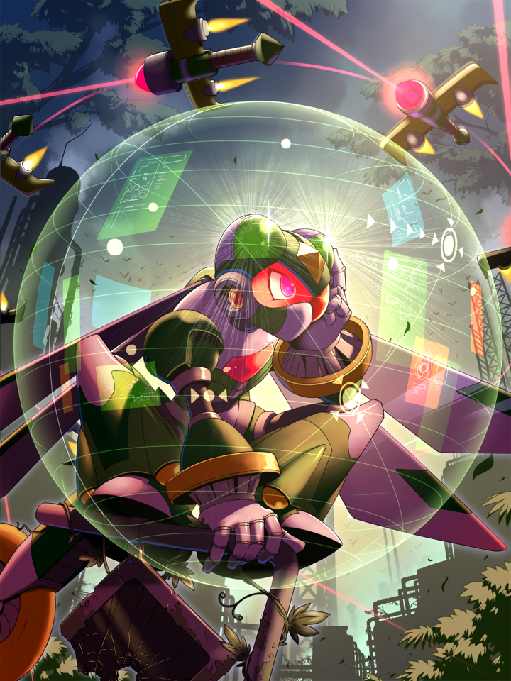 1boy, armor, assault_visor, commander_yammark_(mega_man), drone, green_armor, holographic_interface, humanoid_robot, insect_wings, male_focus, mega_man_(series), mega_man_x6, mega_man_x_(series), napo, red-tinted_eyewear, ringed_eyes, robot, solo, tinted_eyewear, violet_eyes, wings