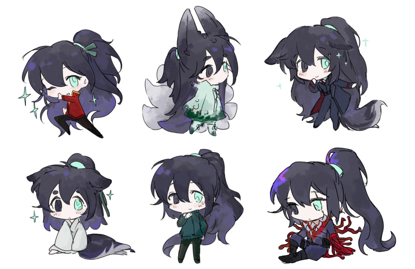 6+boys, animal_ears, aqua_eyes, black_eyes, black_hair, cloak, closed_mouth, dimension_shredder_(e.g.o)