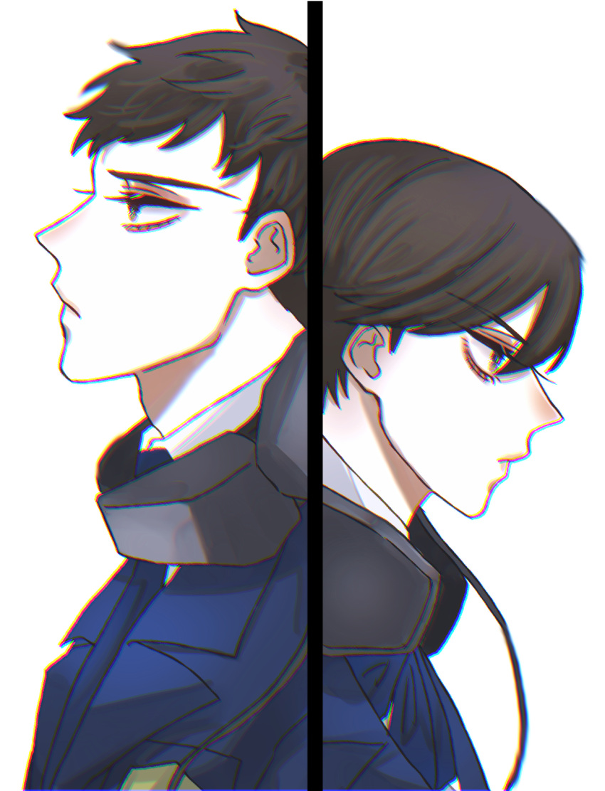 1boy, 1girl, aegyo_sal, anaglyph, blazer, blue_jacket, blue_necktie, blue_ribbon