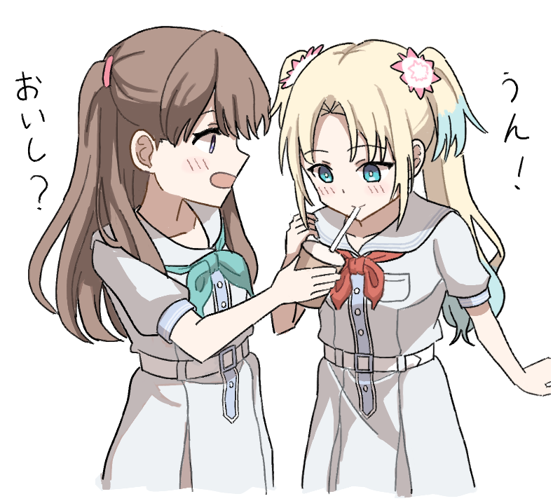 2girls, aqua_neckerchief, blonde_hair, blue_eyes, blue_hair, blush, bright_pupils, brown_hair
