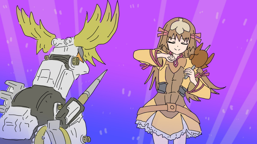 1girl, 1other, absurdres, antlers, brown_hair, chaos_020, closed_eyes, dancing, deer, deer_antlers, dress, hair_ornament, hair_ribbon, highres, holding, horns, lance, lanstag, long_hair, long_sleeves, meme, parody, polearm, re_mii, ribbon, shikairo_days, shikairo_days_dance_(meme), shikanoko_nokonoko_koshitantan, smile, weapon, zoids, zoids_genesis