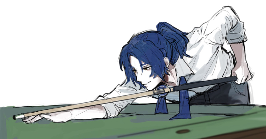 1boy, ascot, ball, billiard_ball, billiards, blue_ascot, chesed_(project_moon), collared_shirt