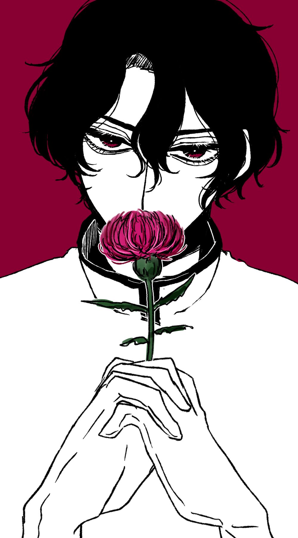 1boy, alternate_eye_color, atlus, black_hair, covered_mouth, eyelashes, flower, gloves