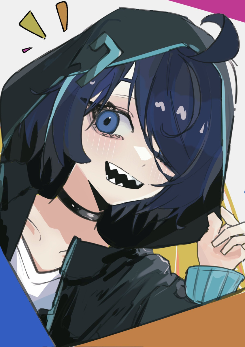 1girl, ahoge, black_choker, black_hoodie, blue_eyes, blue_hair, blush, choker