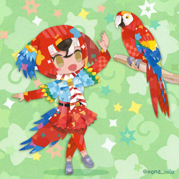 1girl, animal, belt, bird, bird_girl, bird_tail, bird_wings, brown_eyes, feathered_wings, green_background, head_wings, japari_symbol, kemono_friends, kikuchi_milo, leggings, necktie, parrot_girl, redhead, scarlet_macaw_(kemono_friends), shirt, shoes, short_hair, simple_background, skirt, tail, wings