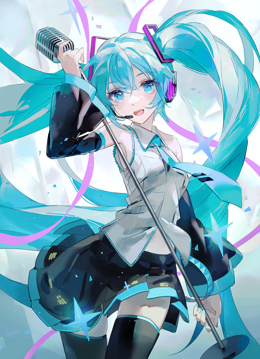 1girl, aqua_eyes, aqua_hair, aqua_nails, aqua_necktie, armpits, black_sleeves, chinese_commentary, commentary_request, detached_sleeves, grey_shirt, hatsune_miku, headphones, headset, highres, holding, holding_microphone_stand, long_hair, looking_at_viewer, microphone, microphone_stand, myth1944, necktie, open_mouth, partial_commentary, shirt, skindentation, solo, teeth, twintails, upper_teeth_only, very_long_hair, vintage_microphone, vocaloid