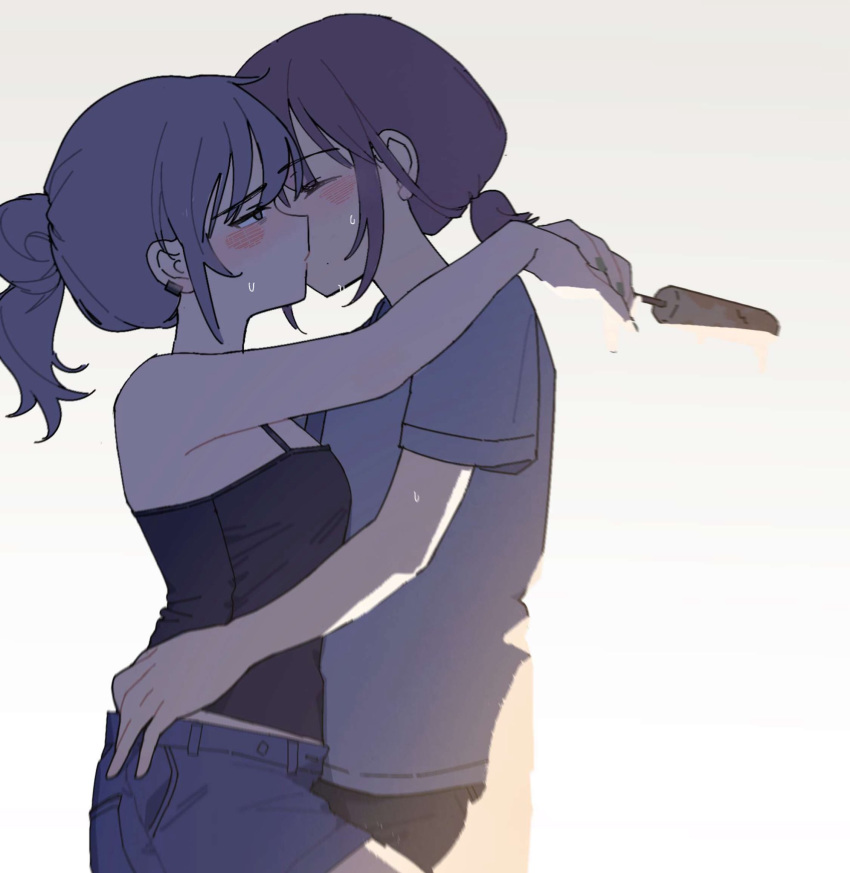 2girls, arms_around_neck, bare_arms, blush, clothes_lift, commentary, food, from_side, girls_band_cry, gradient_background, grey_background, hand_on_another's_waist, hashtag-only_commentary, highres, holding, holding_food, holding_popsicle, iseri_nina, kawaragi_momoka, kiss, matcha00, multiple_girls, ponytail, popsicle, profile, shirt, shirt_lift, short_sleeves, short_twintails, shorts, sweat, twintails, white_background, yuri