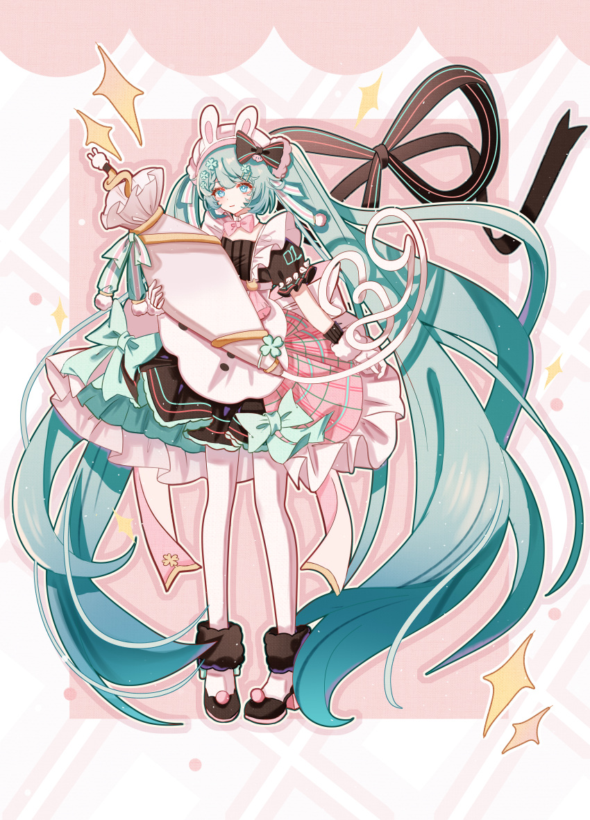 1girl, 39, absurdres, animal_ears, apron, aqua_bow, aqua_hair, aqua_ribbon