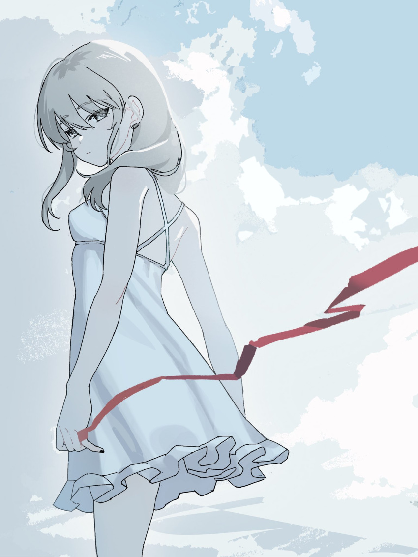 1girl, bare_arms, blue_sky, chinese_commentary, closed_mouth, clouds, commentary_request, cowboy_shot, dress, earclip, girls_band_cry, grey_eyes, grey_hair, highres, kawaragi_momoka, long_hair, looking_at_viewer, matcha00, outdoors, red_ribbon, ribbon, sky, sleeveless, sleeveless_dress, solo, white_dress