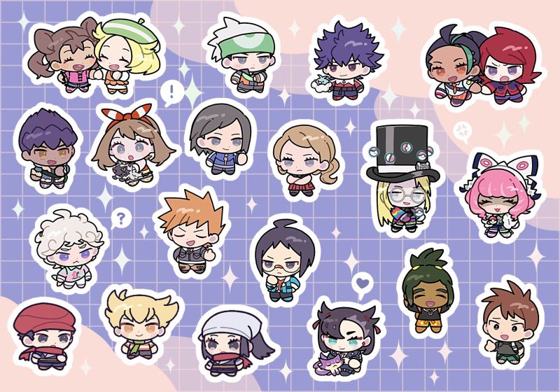 !, 6+boys, 6+girls, :<, :d, ?, akari_(pokemon), avery_(pokemon), barry_(pokemon), beanie, bede_(pokemon), beret, bianca_(pokemon), black_hair, black_jacket, black_shirt, blonde_hair, blue_jacket, blue_oak, bow_hairband, brendan_(pokemon), bright_pupils, brown_hair, calem_(pokemon), cheren_(pokemon), chibi, closed_mouth, commentary_request, cowlick, curly_hair, dark-skinned_male, dark_skin, earrings, eneko_(olavcnkrpucl16a), glasses, green_eyes, green_hat, green_scarf, grey_eyes, grid_background, hairband, hat, hau_(pokemon), head_scarf, holding_hands, hop_(pokemon), hugh_(pokemon), jacket, jewelry, klara_(pokemon), marnie_(pokemon), may_(pokemon), multiple_boys, multiple_girls, necktie, nemona_(pokemon), open_mouth, orange_necktie, orange_shorts, orange_vest, outline, pleated_skirt, poke_ball, poke_ball_(basic), pokemon, pokemon_bw, pokemon_bw2, pokemon_dppt, pokemon_emerald, pokemon_hgss, pokemon_legends:_arceus, pokemon_lgpe, pokemon_oras, pokemon_rse, pokemon_sm, pokemon_sv, pokemon_swsh, pokemon_xy, ponytail, poochyena, purrloin, red_hairband, red_hat, red_scarf, redhead, rei_(pokemon), round_eyewear, scarf, serena_(pokemon), shauna_(pokemon), shirt, shorts, sidelocks, silver_(pokemon), skirt, smile, sparkle, spiky_hair, spoken_exclamation_mark, spoken_question_mark, swablu, telekinesis, top_hat, trace_(pokemon), vest, violet_eyes