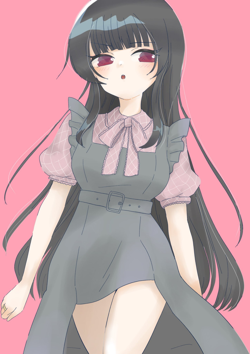 1girl, arms_at_sides, assault_lily, belt, belt_buckle, black_hair, blush, brown_ribbon
