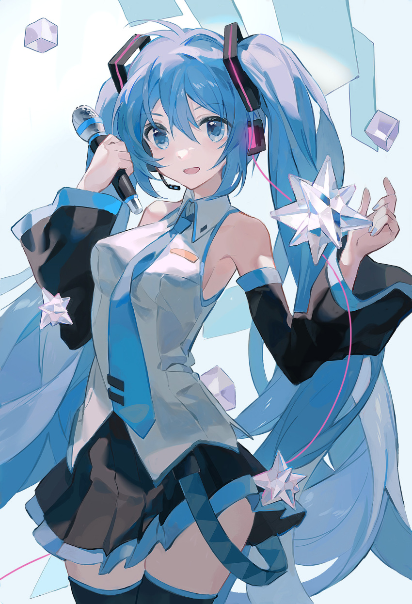 1girl, :d, aqua_necktie, bare_shoulders, black_sleeves, blue_eyes, blue_hair, blue_nails