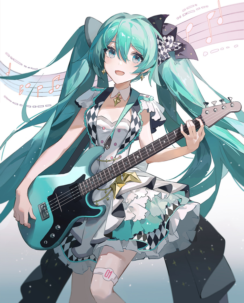 1girl, aqua_eyes, aqua_hair, bass_guitar, brooch, checkered_clothes, checkered_ribbon, chinese_commentary