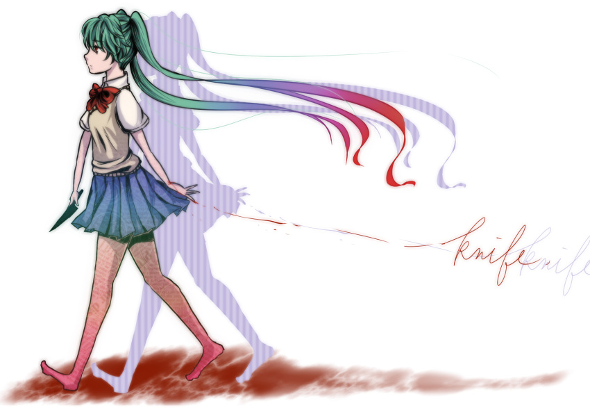 barefoot, blood, bowtie, gradient_hair, green_hair, hatsune_miku, highres, hinoko, knife, long_hair, multicolored_hair, red_eyes, school_uniform, skirt, solo, sweater_vest, twintails, very_long_hair, vocaloid, walking