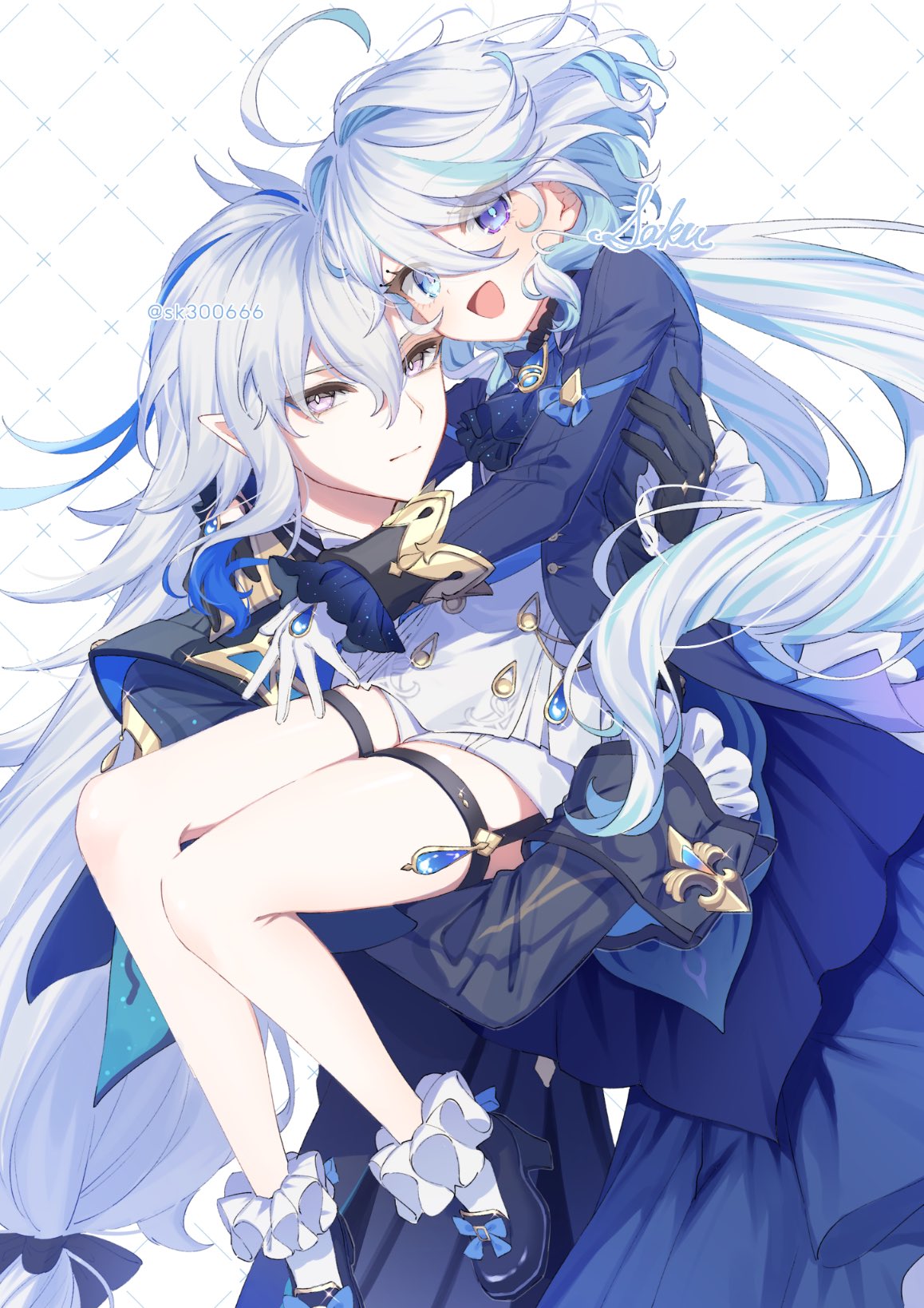 1boy, 1girl, :d, blue_eyes, blue_hair, blue_theme, dot_nose, furina_(genshin_impact)