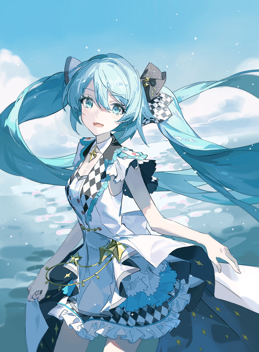 1girl, aqua_eyes, aqua_hair, bow, brooch, checkered_bow, checkered_clothes, checkered_ribbon