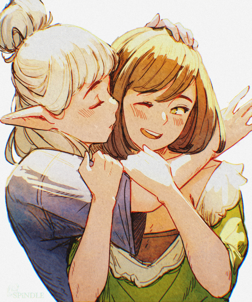 2girls, :d, absurdres, arms_around_neck, asimov_(spindle_(aidenr0)), black_hairband, blue_shirt, blush