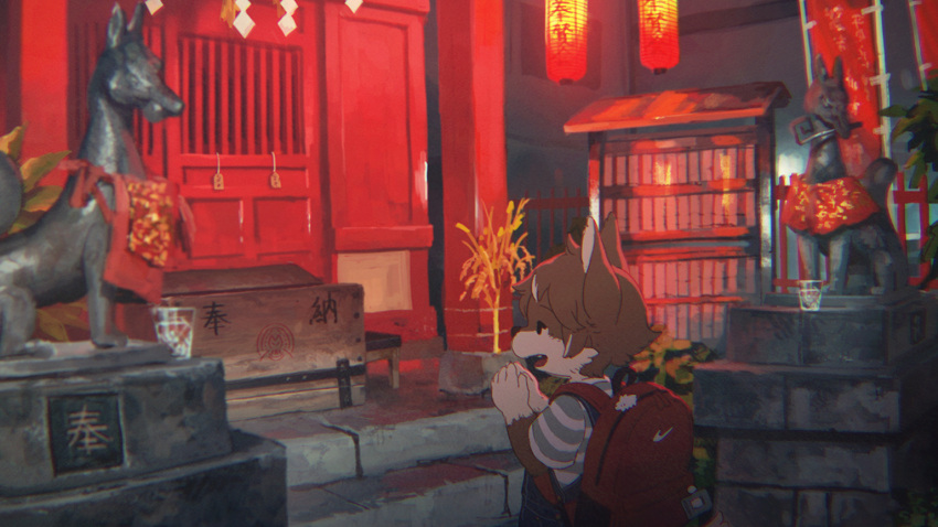 1boy, animal_ears, backpack, bag, black_eyes, brown_hair, child, chromatic_aberration