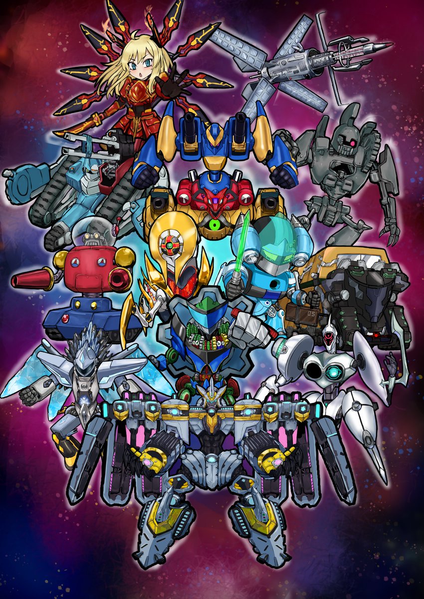 1girl, adeshi_(adeshi0693119), ahoge, ally_of_justice_catastor, ancient_gear_golem, black_gloves, blonde_hair, card_trooper, chibi, clenched_hand, crystron_halqifibrax, deskbot_001, divine_arsenal_aa-zeus_-_sky_thunder, duel_monster, gear_gigant_x, gloves, highres, holding, holding_sword, holding_weapon, machina_fortress, mecha, meklord_emperor_wisel, parody, robot, satellite, satellite_cannon_(yu-gi-oh!), shoulder_cannon, sky_striker_ace_-_kagari, sky_striker_ace_-_raye, super_robot_wars, sword, union_carrier, weapon, wings, xyz-dragon_cannon, yu-gi-oh!