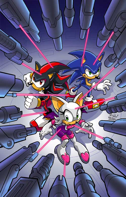 1girl, 2boys, artist_name, bat_(animal), bat_wings, gloves, green_eyes, hedgehog