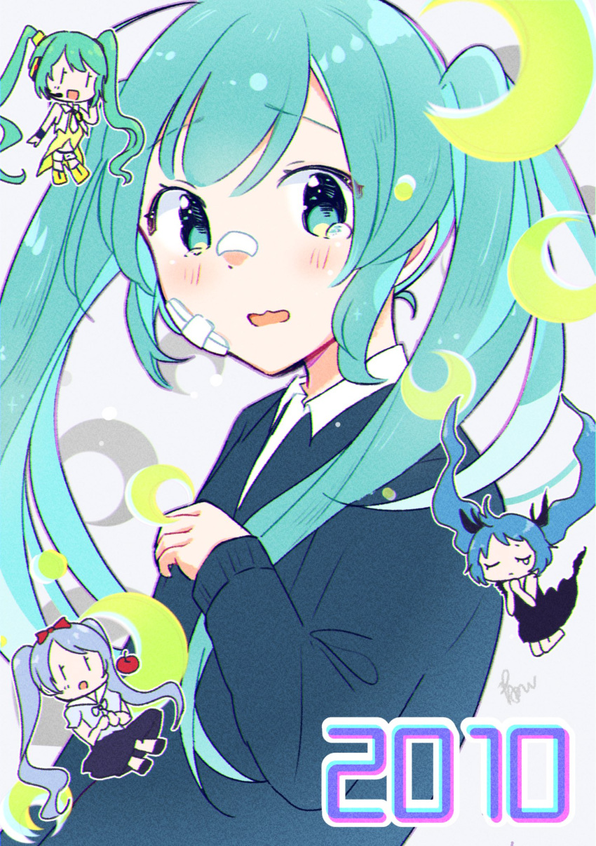 4girls, aoiyui, apple, aqua_eyes, aqua_hair, bandage_on_face, bandage_on_nose, bandages, black_dress, black_skirt, blue_hair, cardigan, crescent, dress, food, fruit, hatsune_miku, highres, long_hair, multiple_girls, multiple_persona, red_ribbon, ribbon, rolling_girl_(module), rolling_girl_(vocaloid), shinkai_shoujo_(vocaloid), shiroi_yuki_no_princess_wa_(vocaloid), shirt, skirt, tearing_up, twintails, very_long_hair, vocaloid, white_shirt, yellow_(module), yellow_(vocaloid)