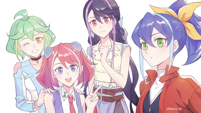4girls, :d, ;d, ahoge, belt, black_hair, blonde_hair, blue_eyes