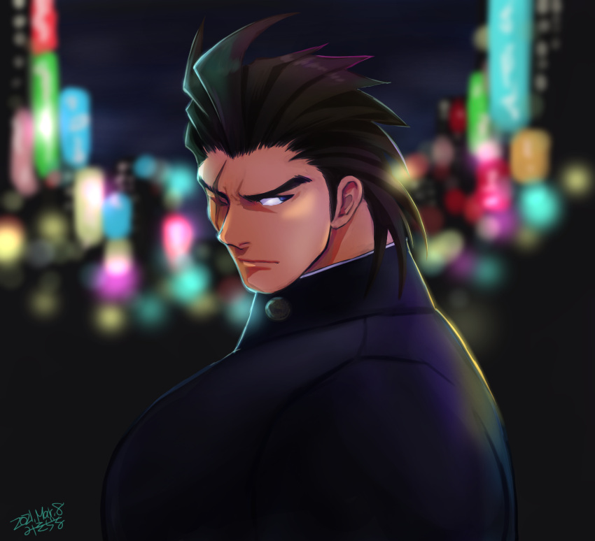 1boy, black_hair, blue_eyes, city_lights, gakuran, highres, kazama_daigo, male_focus