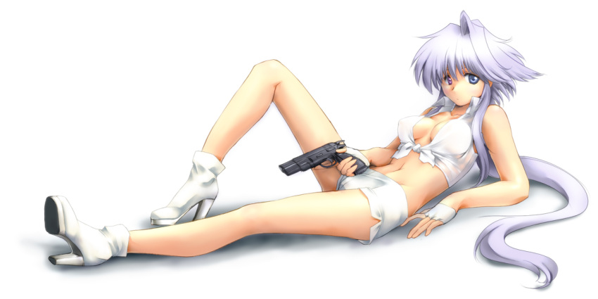 breasts, browning_hi-power, cleavage, front-tie_top, grey_eyes, gun, handgun, heterochromia