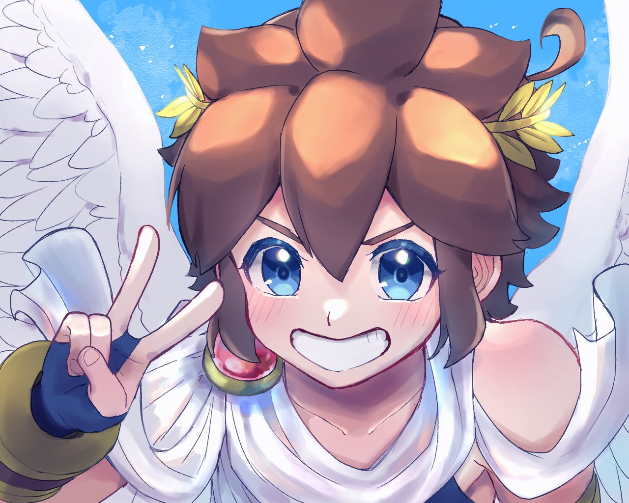 1boy, ahoge, angel, angel_wings, blue_eyes, brown_hair, collarbone, kid_icarus